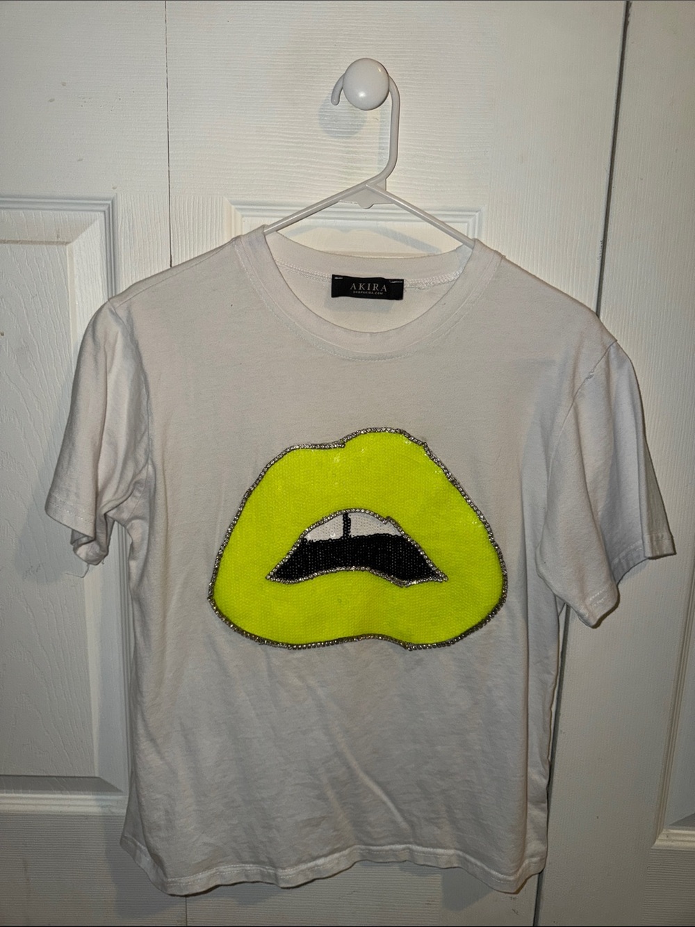 AKIRA White Tee with Neon Yellow Lip Patch